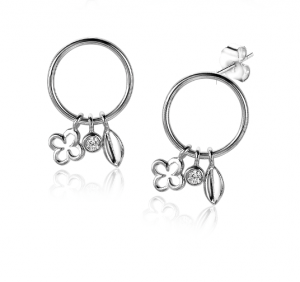 ZINZI Sterling Silver Earrings Open Circle with 3 Fantasy Charms Clover, White Zirconia and Leaf ZIO1875