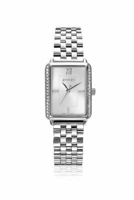 ZINZI Lucia Watch 28mm Rectangular Silver Colored Case with white zirconia and Stainless Steel Chain Strap ZIW2302