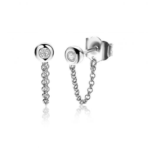 ZINZI Sterling Silver Stud Earrings Round White Zirconia with Chain ZIO1773