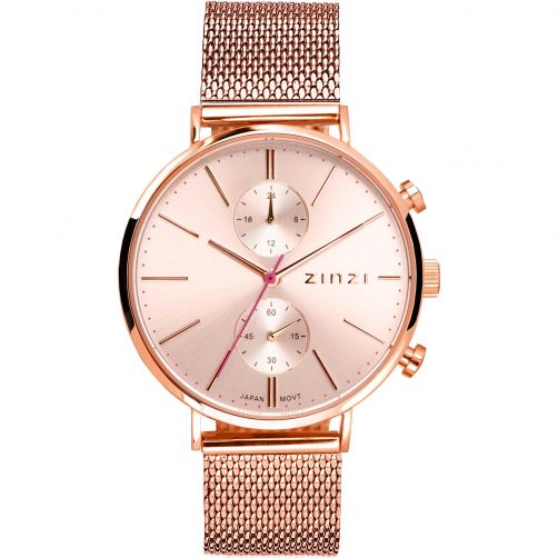 ZINZI Traveller Watch 39mm Rose Gold Colored Dial Stainless Steel Case and Mesh Strap with dual time ZIW705M