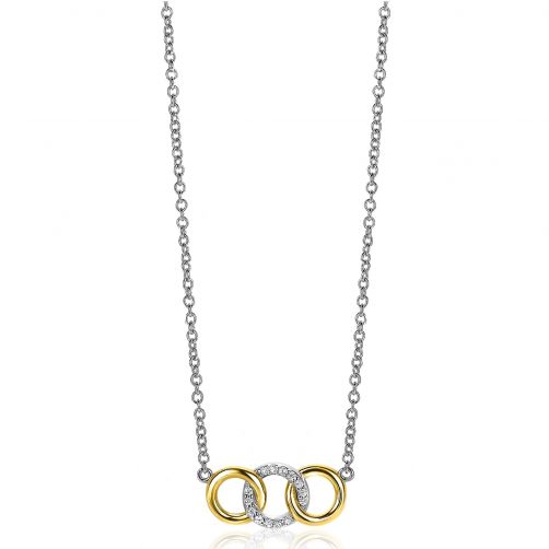 ZINZI Gold Plated Sterling Silver Necklace with 3 Connected Open Circles White Zirconias 45cm ZIC2045G