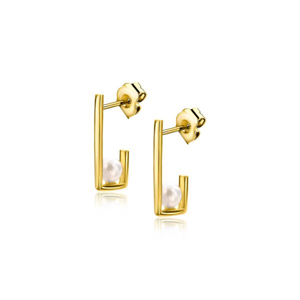 Lengtegraad Ladder onderschrift 14mm ZINZI Gold 14 krt gouden oorstekers met rechthoekige vorm, bezet met  een kleine witte parel