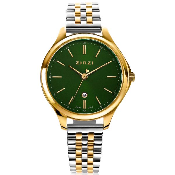 ZINZI Classy horloge 34mm groene wijzerplaat goudkleurige stalen kast en bicolor band datum ziw1035