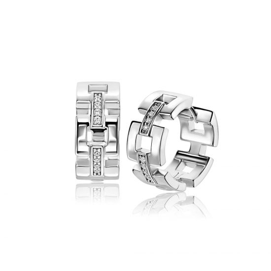 18mm Mart Visser by ZINZI silver hoop earrings with square links and luxury hinge closure, adorned with white zirconia, MVCR27