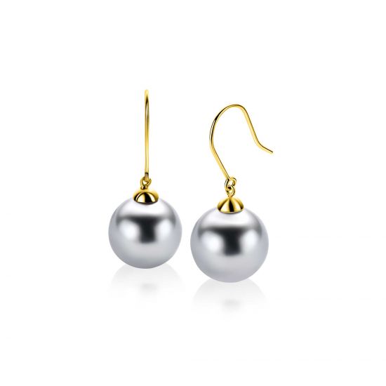 30mm ZINZI Gold 14-karat gold drop earrings with round gray Swarovski crystal pearl, 12mm, ZGO25GR