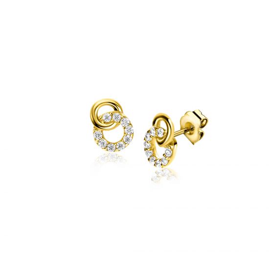 6,5mm ZINZI 14K Gold Stud Earrings Connected Open Circles White Zirconias ZGO471