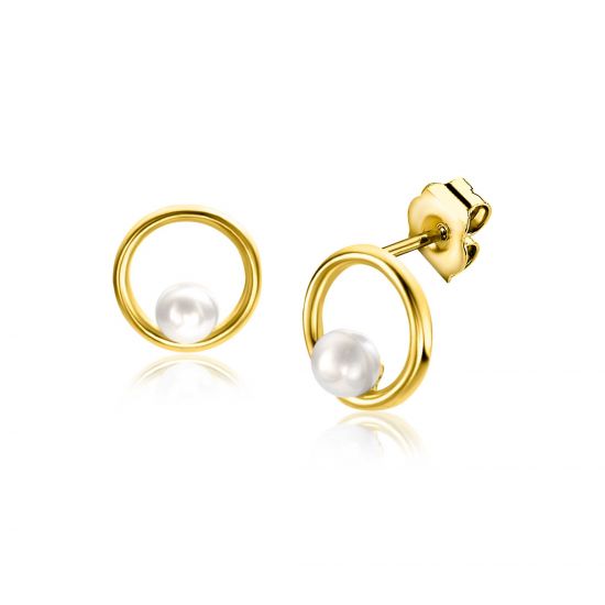 8mm ZINZI 14K Gold Stud Earrings Open Round and White Pearl ZGO418