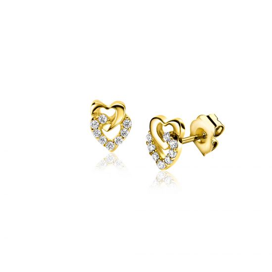 6mm ZINZI 14K Gold Stud Earrings Connected Open Hearts White Zirconias ZGO472