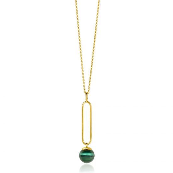 ZINZI Gold Plated Sterling Silver Necklace with Oval Pendant and Dangling Bead in Green Cat's Eye 40-45cm ZIC2420