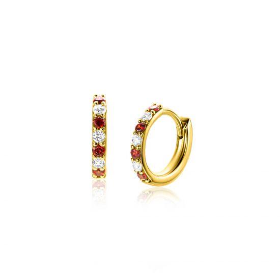 12mm ZINZI Gold Plated Sterling Silver Hoop Earrings Round White Zirconias and Red Garnet Color Stones 2mm width tube ZIO2558