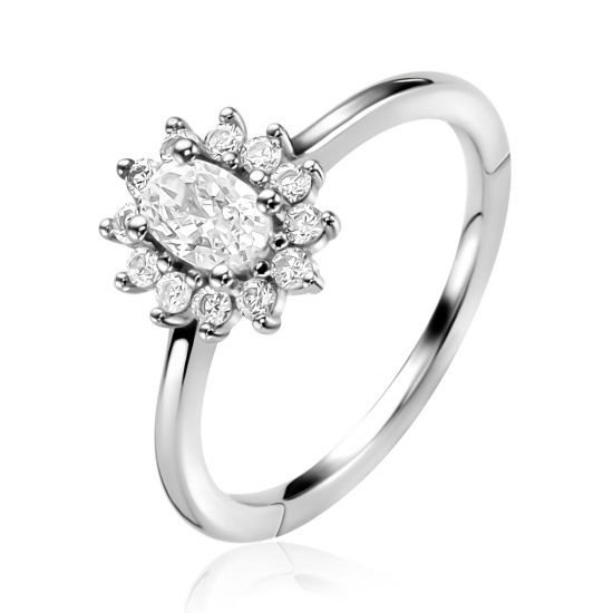 ZINZI silver entourage engagement ring with a large oval white zirconia (11mm) and a small heart on the side ZIR2699