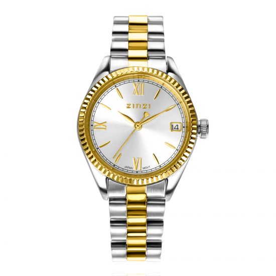 ZINZI Iconic watch 30mm with date, gold-colored fluted bezel, silver-colored dial, and stainless steel bi-color link bracelet ZIW2233