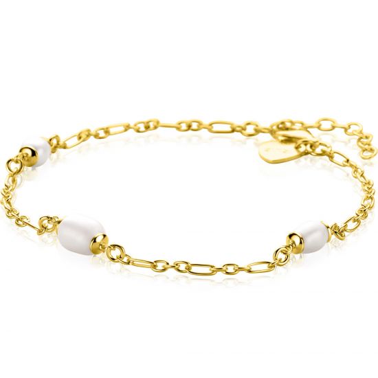 ZINZI gold plated silver chain bracelet with three oval white freshwater pearls 17-20cm ZIA2588