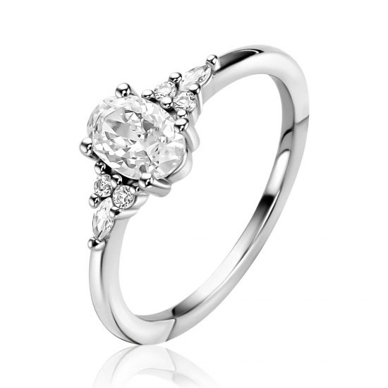 ZINZI silver engagement ring with a large oval white zirconia (7mm) and smaller zirconia, with a small heart on the side ZIR2698