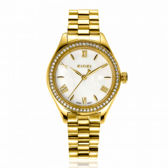 ZINZI Tresor watch 32mm set with white zirconia stones, mother-of-pearl dial, and gold-colored stainless steel case and link bracelet ZIW2434