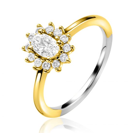 ZINZI gold-plated silver entourage engagement ring with a large oval white zirconia (11mm) and a small heart on the side ZIR2699Y