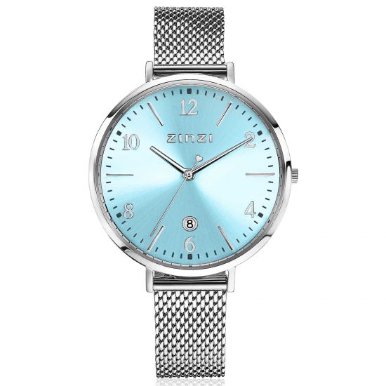 ZINZI Watch SOPHIE 38mm Ice Blue Dial with Date Stainless Steel Case and Mesh Strap 14mm ZIW1445