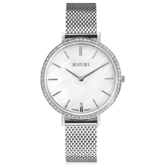 ZINZI Watch GRACE 34mm White Mother-of-Pearl Dial Set with White Crystals Stainless Steel Case and Strap ZIW1317