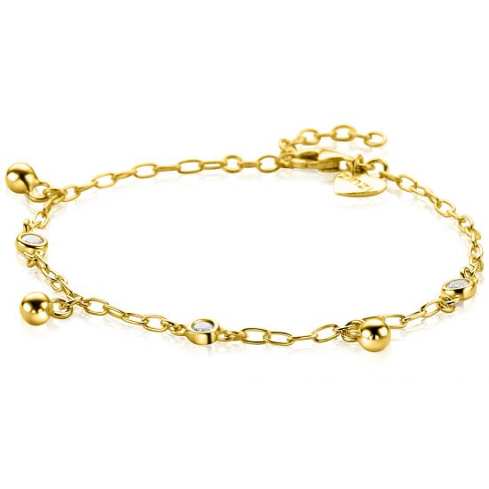 ZINZI gold plated silver link bracelet 9mm wide with white cubic zirconias and smooth beads 17-19cm ZIA2658