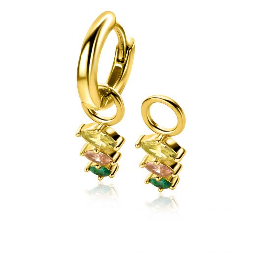 13mm ZINZI gold plated silver charm earrings with three pear-shaped settings in descending size, set with peridot, champagne and dark green gemstones ZICH2631GC (without hoops earrings)