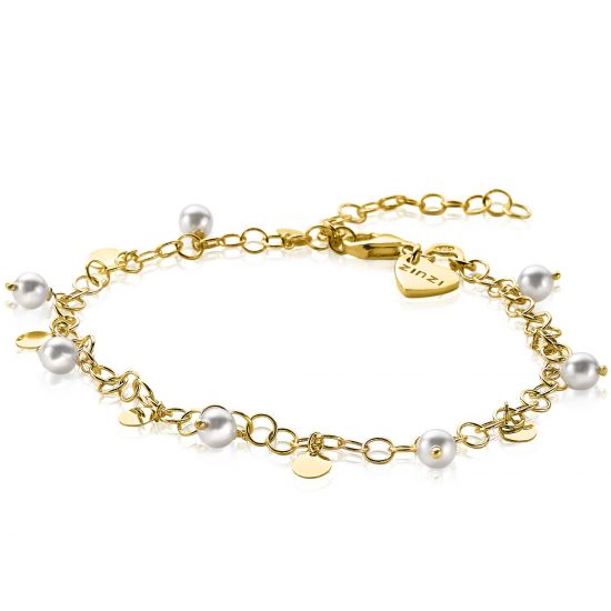 ZINZI Gold Plated Sterling Silver Fantasy Bracelet Round Coins and White Pearls ZIA2186G