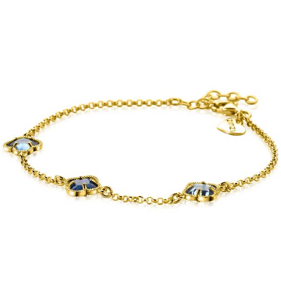 ZINZI gold plated silver link bracelet with two light blue clovers and one dark blue clover in the center 17-20cm ZIA2662B