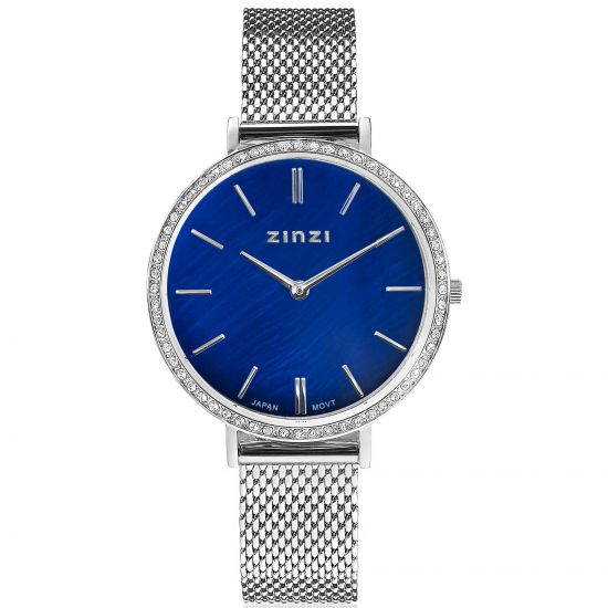 ZINZI Watch GRACE 34mm Dark Blue Mother-of-Pearl Dial Set with White Crystals Stainless Steel Case and Strap ZIW1346