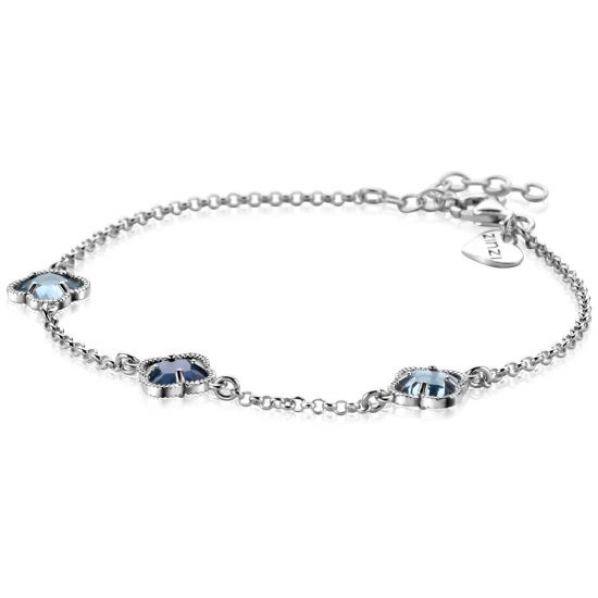 ZINZI silver link bracelet with two light blue clovers and one dark blue clover in the center 17-20cm ZIA2663B