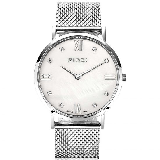 ZINZI Roman Watch 34mm White Mother-of-Pearl Dial with White Zirconias Stainless Steel Case and Mesh Strap  ZIW521M