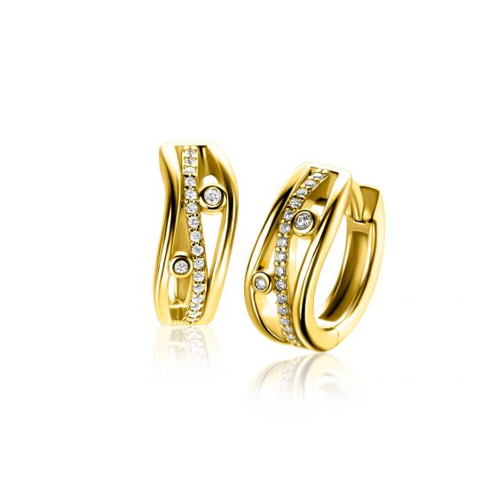 16mm ZINZI gold plated silver multi-look hoop earrings in wavy design, set with white cubic zirconias and luxury clasp ZIO2685