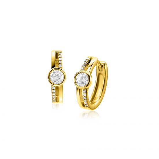 15.5mm ZINZI gold plated silver hoops with round bezel setting and multilook appearance, set with white zirconia and luxury hinge closure ZIO2625