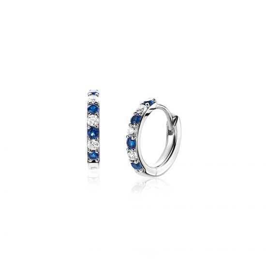 12mm ZINZI Sterling Silver Hoop Earrings Round White Zirconias and Dark Blue Color Stones 2mm width tube ZIO2559