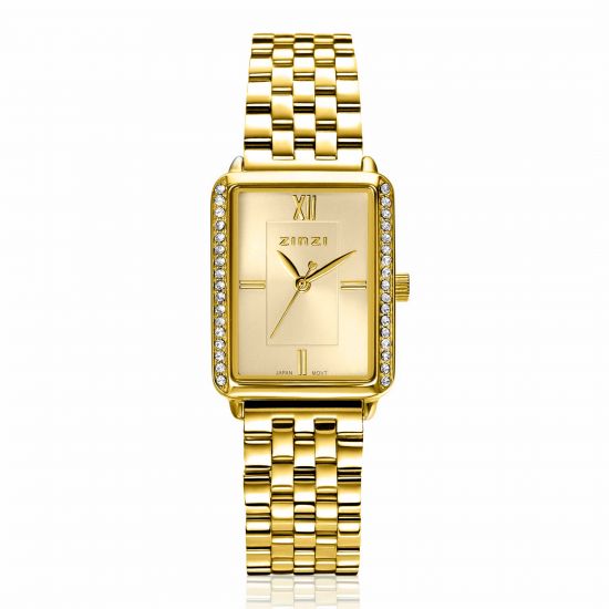 ZINZI Lucia Watch Gold 28mm Rectangular Gold Plated Case with white zirconia and Stainless Steel Chain Strap ZIW2310