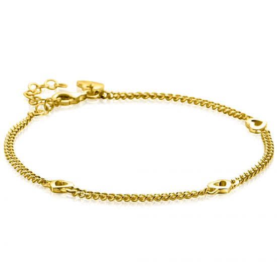 ZINZI Gold Plated Sterling Silver Curb Chain Bracelet with 3 Open Hearts 17-20cm ZIA2409G