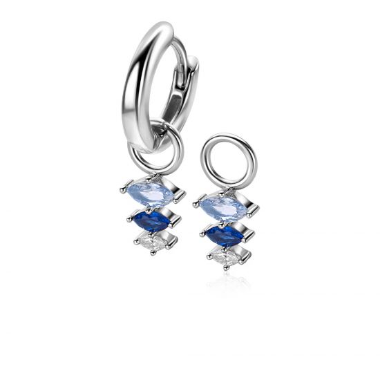 13mm ZINZI silver charm earrings with three pear-shaped settings in descending size, set with blue and white gemstones ZICH2631B (without hoops earrings)