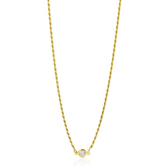 ZINZI Gold Plated Sterling Silver Rope Chain Necklace Set with a Round White Zirconia 40-45cm ZIC2461Y