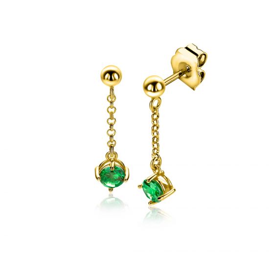 26mm ZINZI gold plated silver stud earrings with chain and a dangling round green gemstone ZIO2660G