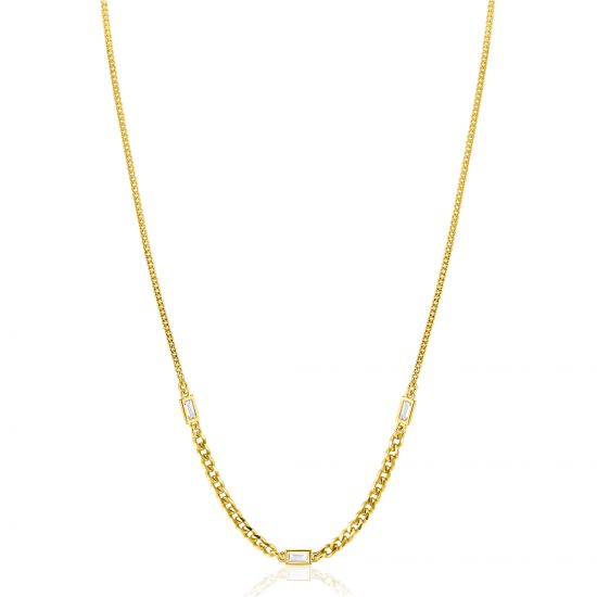 ZINZI Gold Plated Sterling Silver Necklace with Curb Chains in Different Sizes Combined with 3 Rectangular Baguette Cut Zirconias 42-45cm ZIC2410