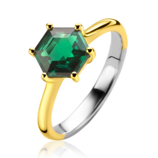 ZINZI Gold Plated Sterling Silver Ring with Hexagon Green Zirconia 10mm ZIR2259G