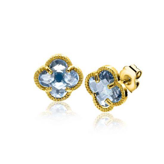 9mm ZINZI gold plated silver stud earrings in clover shape with light blue gemstone ZIO2662B