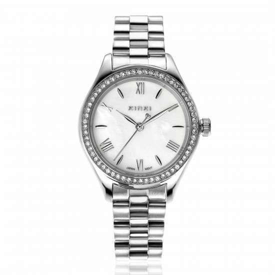 ZINZI Tresor watch 32mm set with white zirconia stones, mother-of-pearl dial, and silver-colored stainless steel case and link bracelet ZIW2417