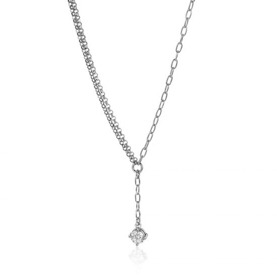 ZINZI silver Y-necklace with subtle links, dangling white round cubic zirconia 42-45cm ZIC2660