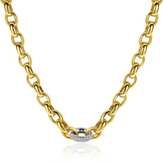 ZINZI gold plated silver link necklace with a round link set with white cubic zirconias, 6mm wide 45cm ZIC2664