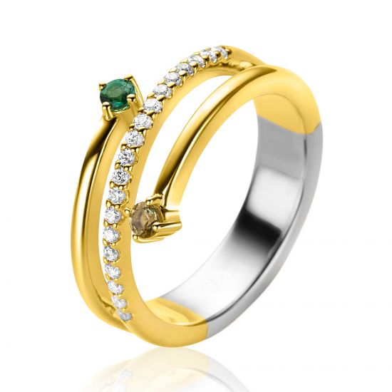 ZINZI gold plated silver multi-look ring (9mm wide) with 3 rows, set with green gemstones and white zirconias ZIR2646G