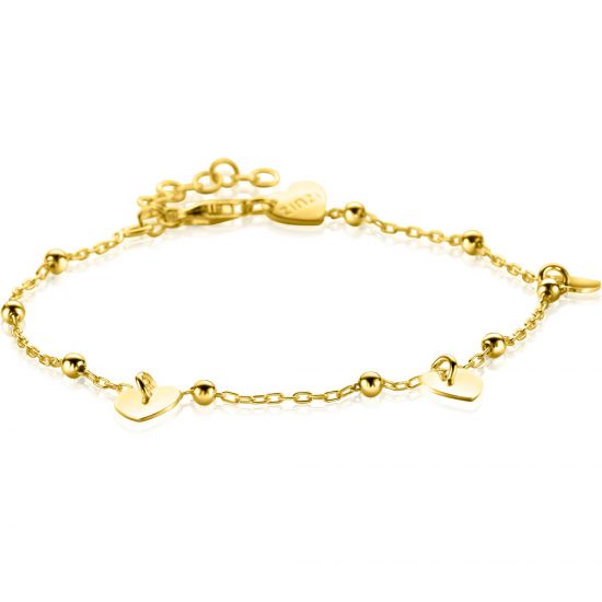 ZINZI Gold Plated Sterling Silver Chain Bracelet with Beads and 3 Shiny Heart Charms 17-20cm ZIA2531G