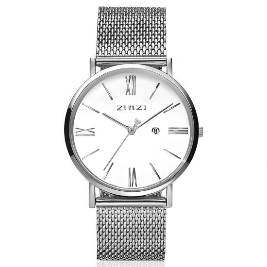 ZINZI Roman Watch 34mm White Dial Silver Colored Case Stainless Steel Mesh Strap  ZIW506M