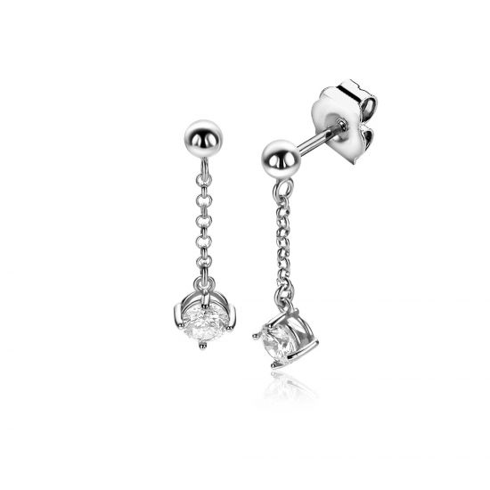 26mm ZINZI silver stud earrings with chain and a dangling round white cubic zirconia ZIO2660