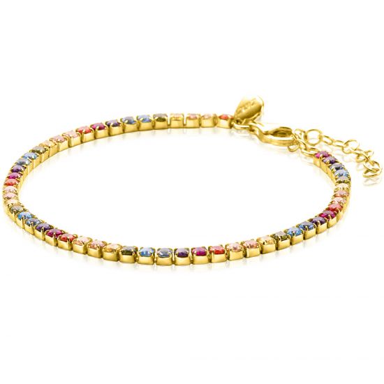 ZINZI gold plated silver tennis bracelet 3mm wide, set with rainbow-colored gemstones in square settings 17-20cm ZIA2666