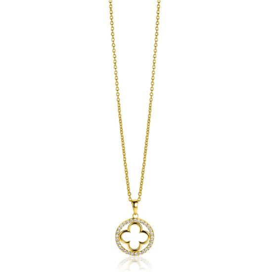 ZINZI gold plated silver necklace with luxury clover pendant (15mm) fully set with white zirconia 45-48cm ZIC2617Y