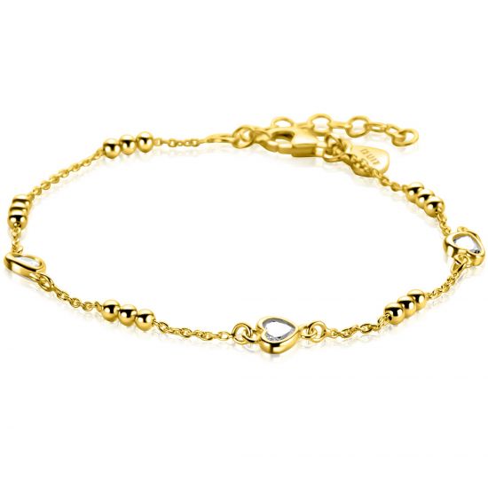 ZINZI gold plated silver link bracelet with trio beads and three heart-shaped cubic zirconias 17-20cm ZIA2679